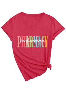 Detail of red V-neck T-shirt showing Pharmacy Technician print and stylish front knot hem