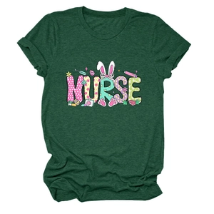Detailed view of the dark green cotton T-shirt featuring a creative NURSE Easter graphic