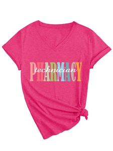 Detail of pink pharmacy technician V-neck t-shirt with stylized print and front knot hem