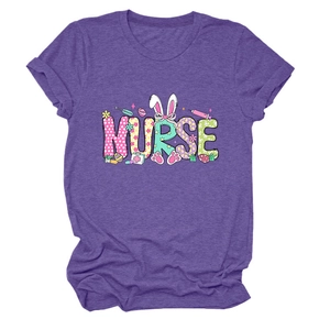 Detailed view of purple Nurse t-shirt with Easter bunny ears and floral medical icons