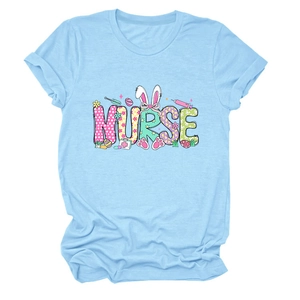 Women's light blue nurse Easter T-shirt with bunny ears and floral graphics