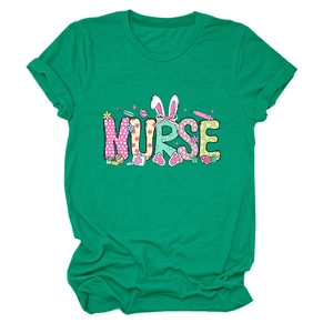 Detail of the green Nurse T-shirt with Easter bunny graphics and medical icons
