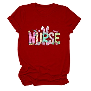 Detailed view of red Nurse T-shirt featuring Easter bunny ears and medical tools print