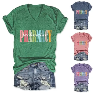 Women V-Neck Short Sleeve T-Shirt Pharmacy Technician Print Cotton Blend Casual Loose Summer Top