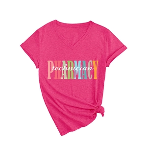 Women's V-neck pharmacy technician short sleeve t-shirt in rose red with front knot