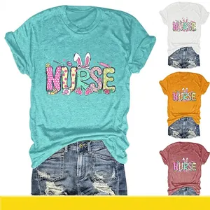 Women Easter Nurse Letter Bunny Ears Print Cotton Blend T-Shirt Casual Short Sleeve Round Neck Graphic Loose Summer Top