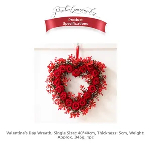 Close-up of heart-shaped red rose wreath with dimensions 40x40cm for Valentine decor
