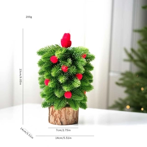 Mini artificial Christmas tree detail with dimensions and natural wood base display