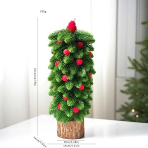 Miniature Christmas tree with red hat and dimensions marked: 35cm height and 355g weight