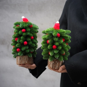Mini Artificial Christmas Tree Desktop Ornament With Wood Base Red Pom Poms And Hat For Festive Holiday Home Office Decor
