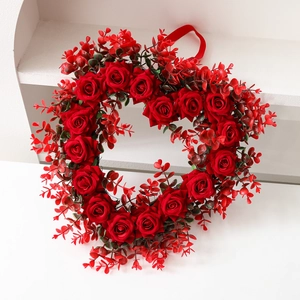 Red artificial rose heart-shaped wreath for Valentine's Day and wedding wall decor