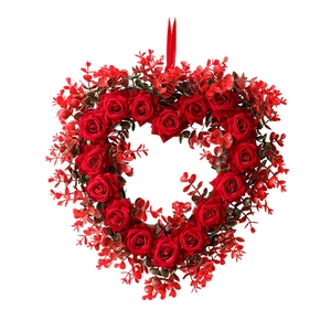 Heart-shaped red rose wreath with silk flowers and ribbon for Valentine's Day decor