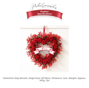 Detail view of heart-shaped red rose wreath with love ribbon for Valentine decor