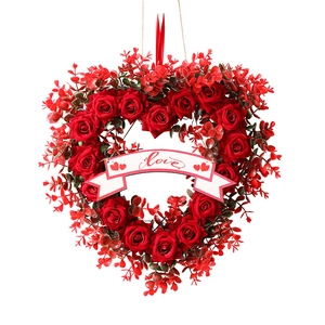 Heart-shaped red rose wreath with Love banner for Valentine's Day party decoration