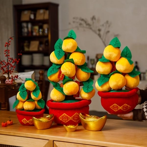 Chinese New Year Plush Orange Tree Peach Blossom Potted Plant Ornament Tabletop Decor Festival Fortune Prosperity Soft Velvet Fabric