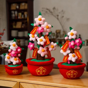 Three plush New Year flower pots with festive embroidery and red lucky envelope charms