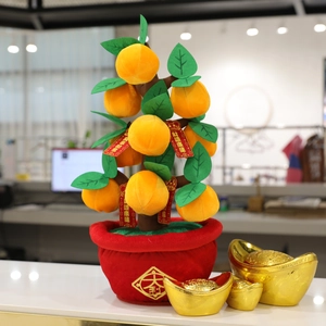 Plush orange tree decoration with golden ingots and lucky tags for Chinese New Year