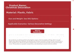 Christmas decoration size and material specs shown over a red festive backdrop