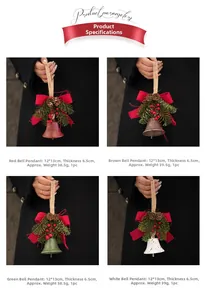 Close-up of four colored Christmas bells with pine needles and burlap bows, 12x13cm size
