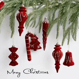 Red Flocked Velvet Christmas Tree Hanging Ornaments With Gold Glitter Patterns Bell Cane Candy Glove Gift Box Shapes Holiday Party Decor
