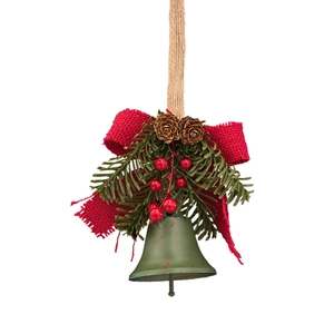 Christmas bell ornament with red burlap bow, pine cones, and berries for tree decoration