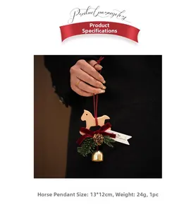 Christmas wooden pony pendant with red velvet bow, pine cone, and bell, size 13x12cm