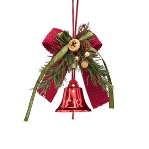 Campana de Navidad con lazo de arpillera roja, piñas y agujas para decorar el árbol