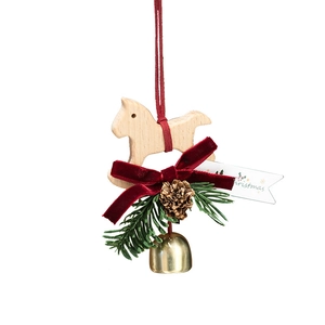 Christmas rocking horse ornament with velvet bow and golden bell for rearview mirror