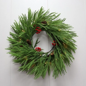 2.7m Christmas garland with dense green pine needles, red berries, cones and LED lights
