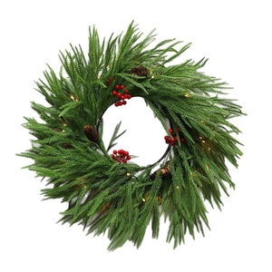 2.7m PE willow leaf Christmas garland with LED lights, red berries and pine cones