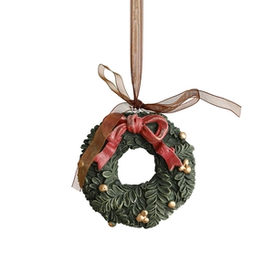 Colgante de corona de Navidad vintage de resina con lazo rojo para decorar el árbol