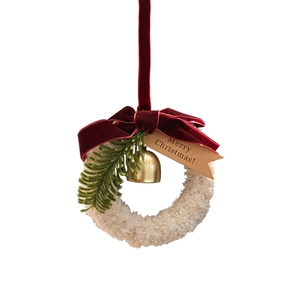 Plush Christmas wreath ornament with red velvet bow, gold bell and pine branch detail