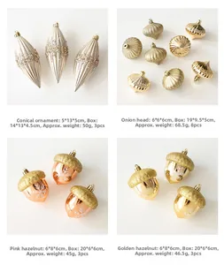 Detailed grid of burgundy and champagne gold onion shaped Christmas tree ornaments