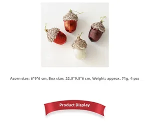 Set of four acorn-shaped Christmas ornaments in assorted colors with glitter accents