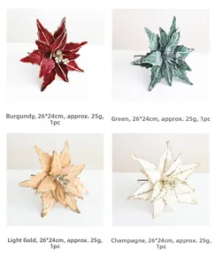 Detailed grid showing 26cm glitter poinsettia artificial flowers in four festive colors