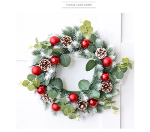 Close-up of Christmas wreath featuring red baubles, pine cones, and eucalyptus leaves