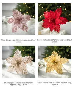 Detailed view of 28x24cm velvet poinsettia flowers in pink, red, gold, and champagne colors
