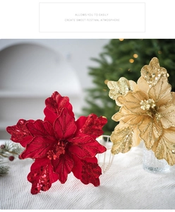 Close-up of velvet Christmas flowers with red and gold sequins on white knit surface
