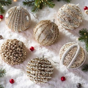 Champagne Gold Christmas Ball Ornaments Assortment Glitter Artificial Pearl Bead Festive Hanging Decoration For Christmas Tree Party Home