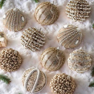 9pcs set of champagne gold Christmas ball ornaments with glitter and pearl details