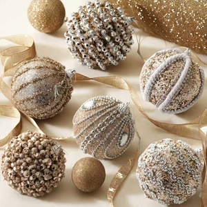Elegant champagne gold and silver Christmas ball ornaments set with glitter and sequins
