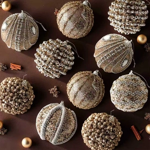 Champagne gold Christmas ball ornaments set with luxury beaded textures on a dark background