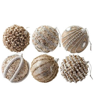 Champagne gold Christmas ball ornaments set with glitter and beaded textures for tree decor