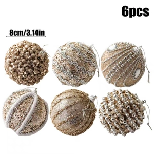 Detail of 6 champagne gold Christmas ornaments with beads, sequins and 8cm diameter specs