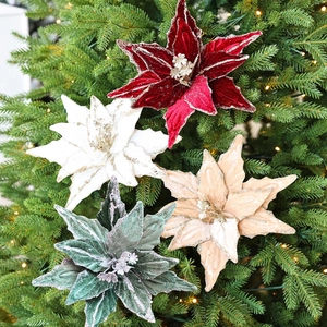 Large Velvet Christmas Poinsettia Artificial Flowers With Glitter Edges For Christmas Tree Ornaments Home Holiday Party Decor