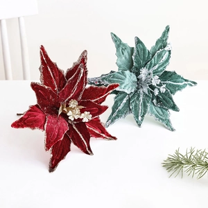 26cm velvet Christmas poinsettia flowers with gold glitter for festive tree decoration