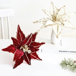 Velvet artificial poinsettia flowers with gold glitter for Christmas tree decoration