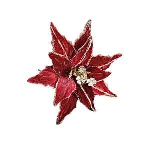 26cm red velvet artificial Christmas flower with gold glitter edges for tree decoration