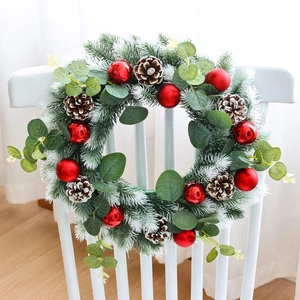 40cm Christmas wreath with eucalyptus leaves, red ornaments and frosted pine needles
