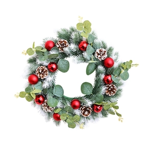 40cm Christmas wreath with eucalyptus leaves, pine cones and red baubles on green pine